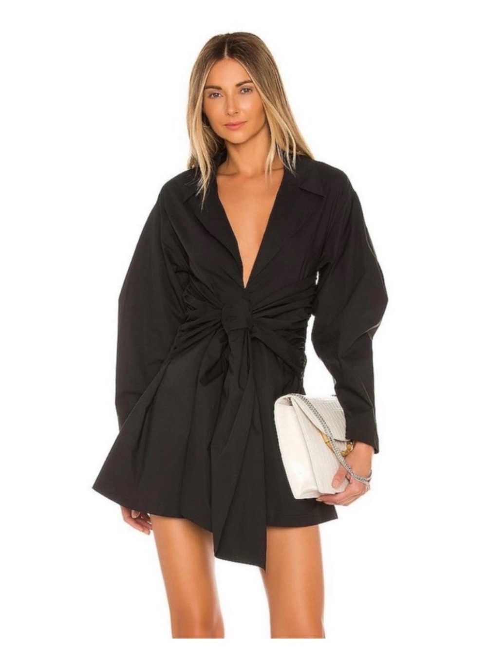 L'Academie Black Long Sleeve Tie-Waist Mini Dress
